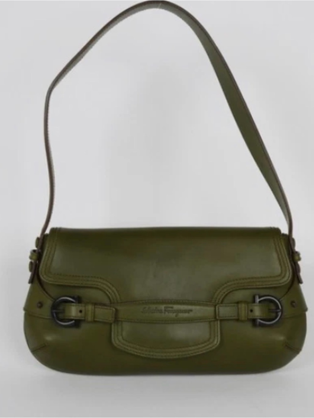 Salvatore Ferragamo Olive Green Leather Shoulder Bag